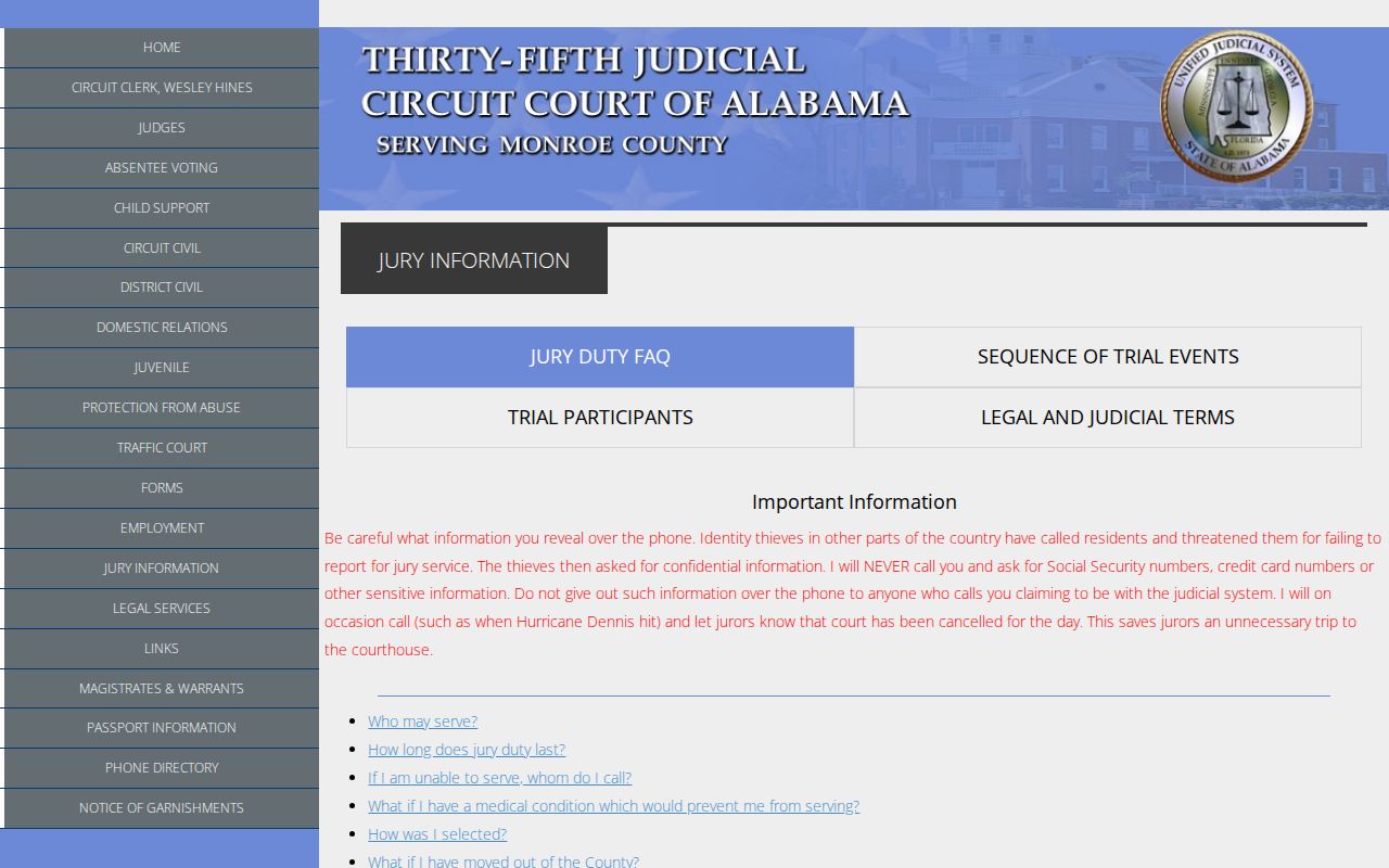 Monroe County court calendar jury and court reporter information
