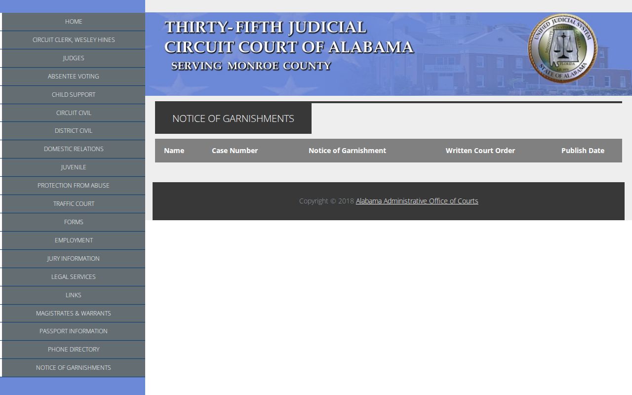 Monroe County civil docket official garnishment notice