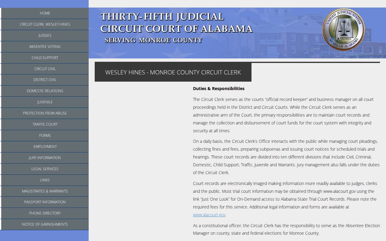 Official Monroe County Circuit Clerk duties and records page