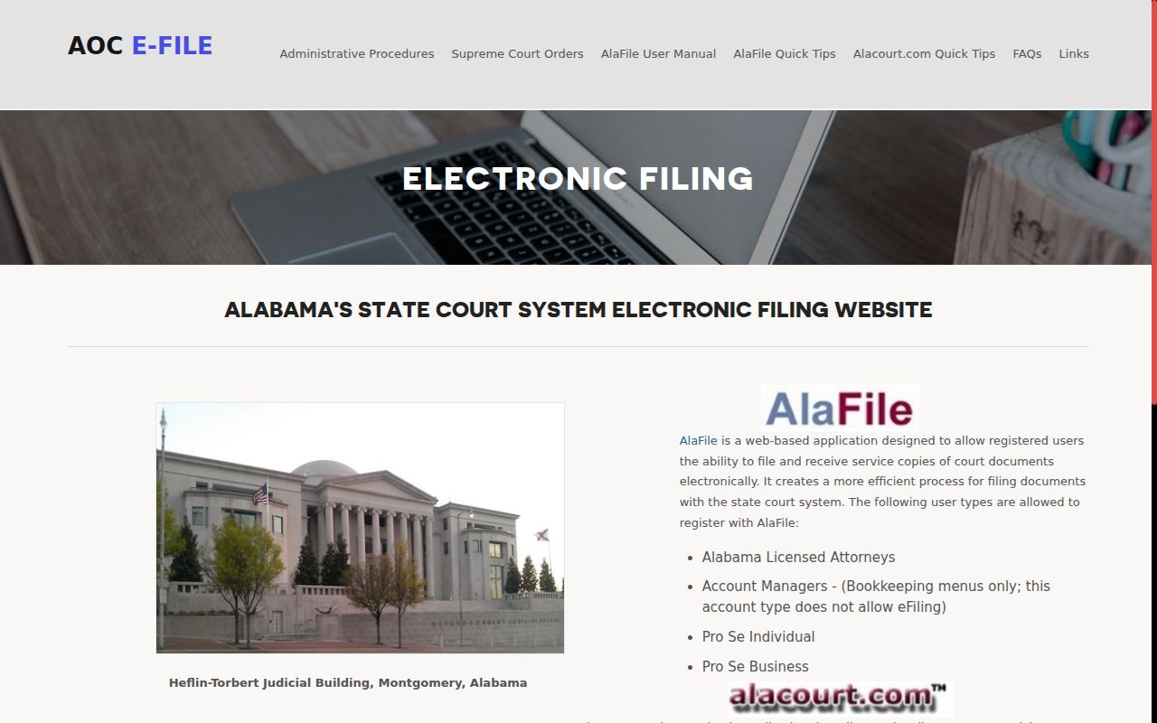 Official Alabama e-filing page explaining AlaFile and Alacourt access