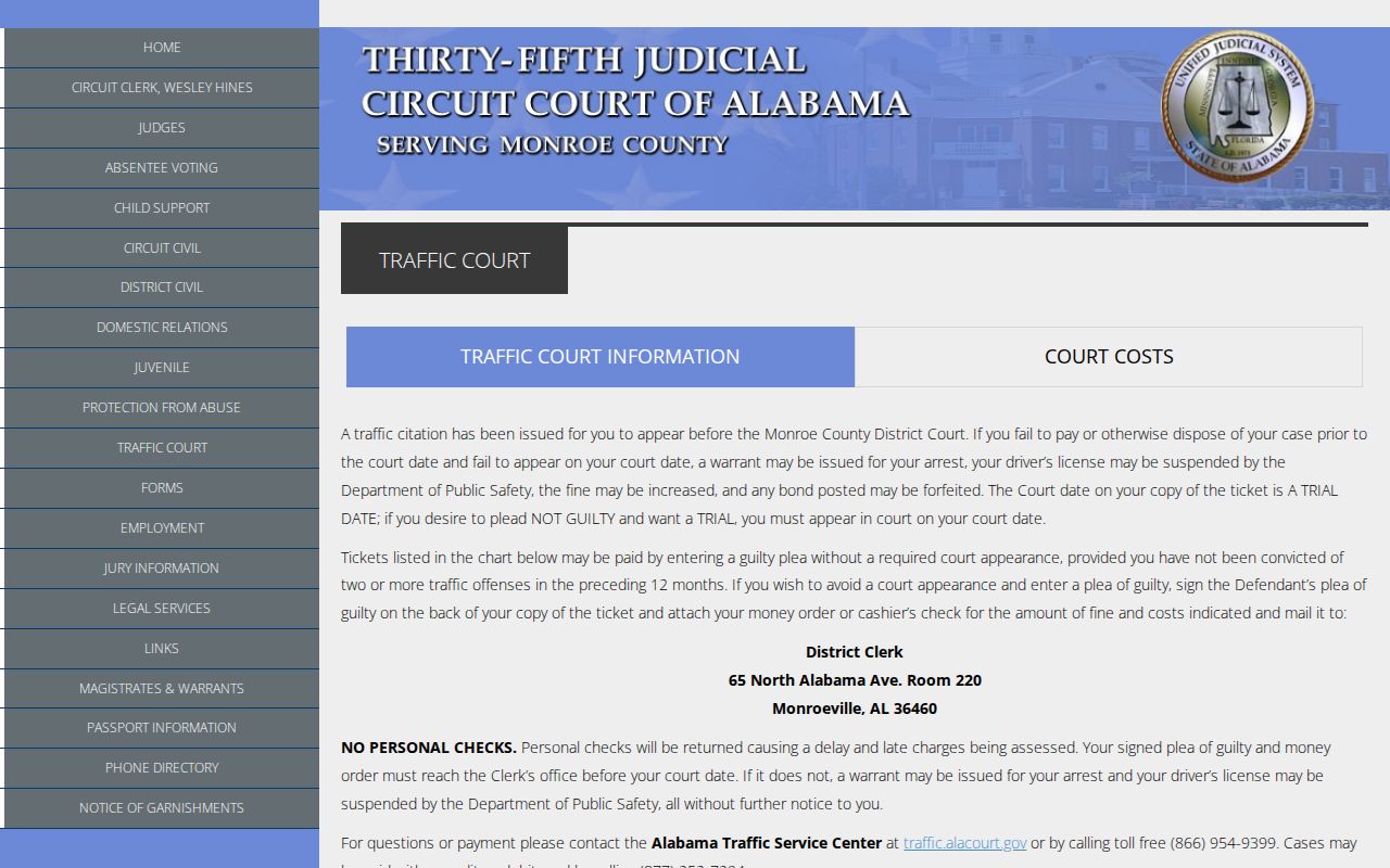 Monroe County traffic court record fine and appearance instructions