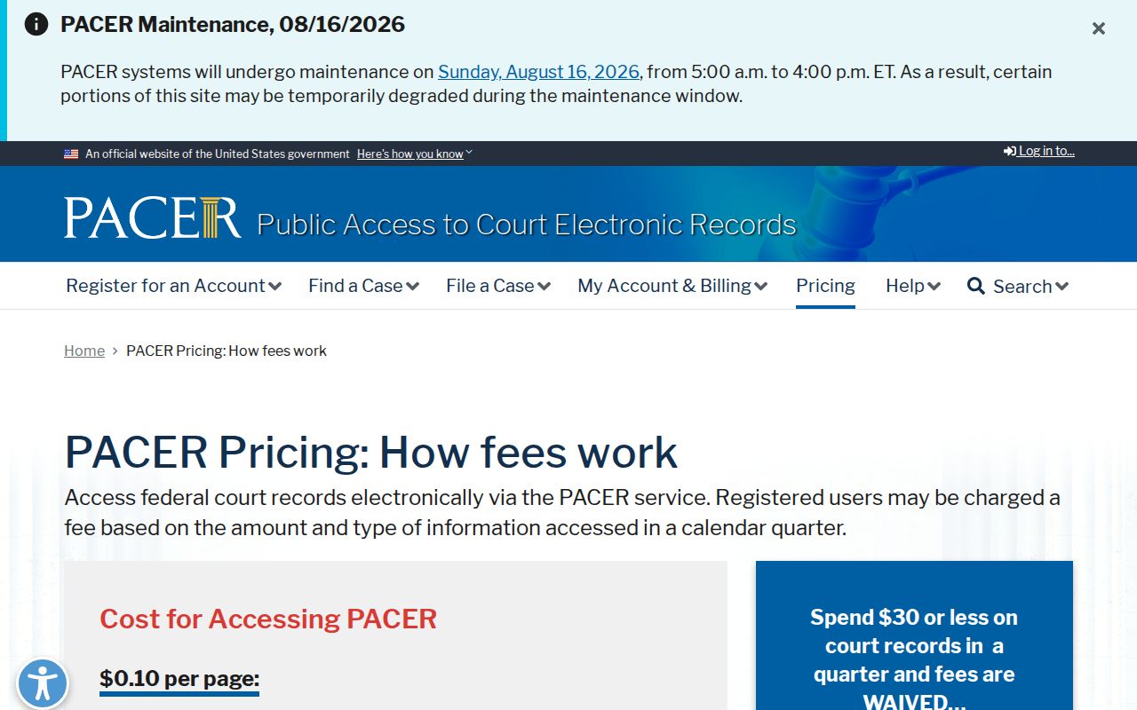Vredenburgh court docket federal PACER fee information